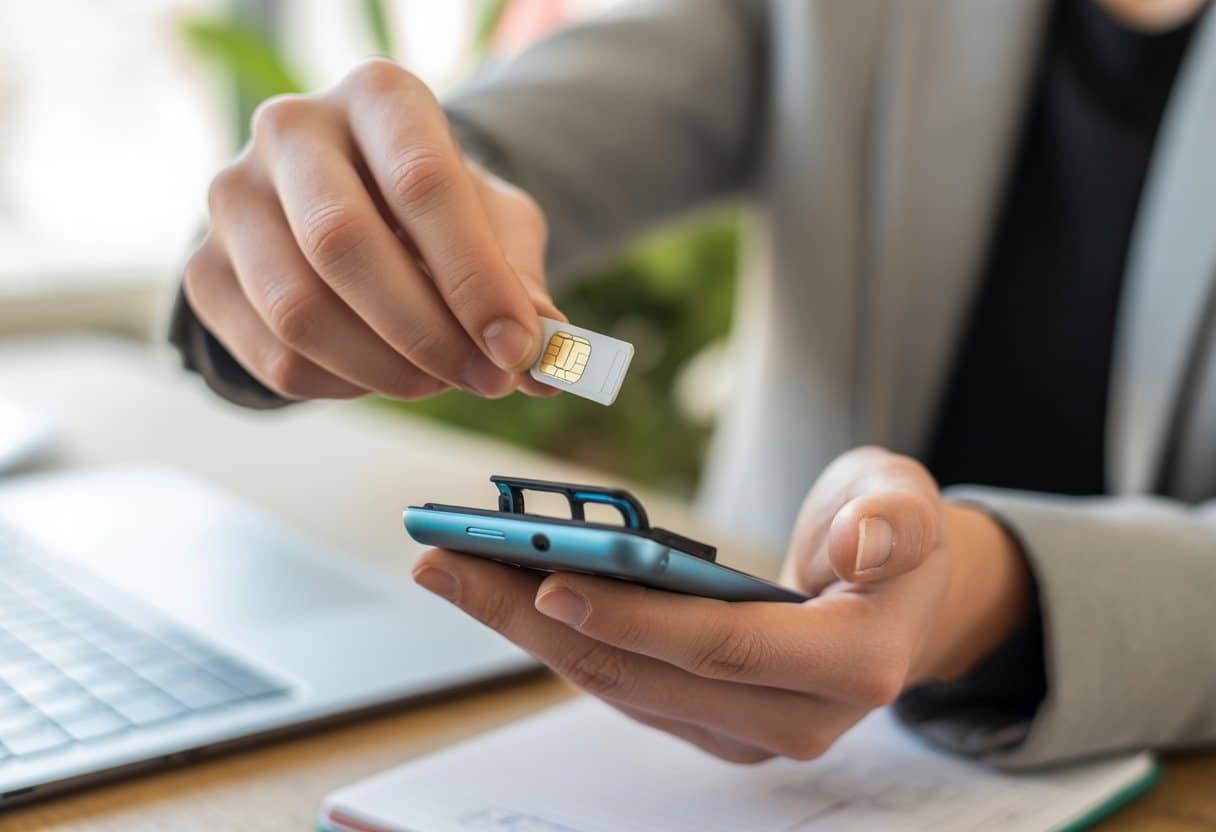Pessoa segurando um smartphone com o chip SIM parcialmente ejetado, em um ambiente interno iluminado.