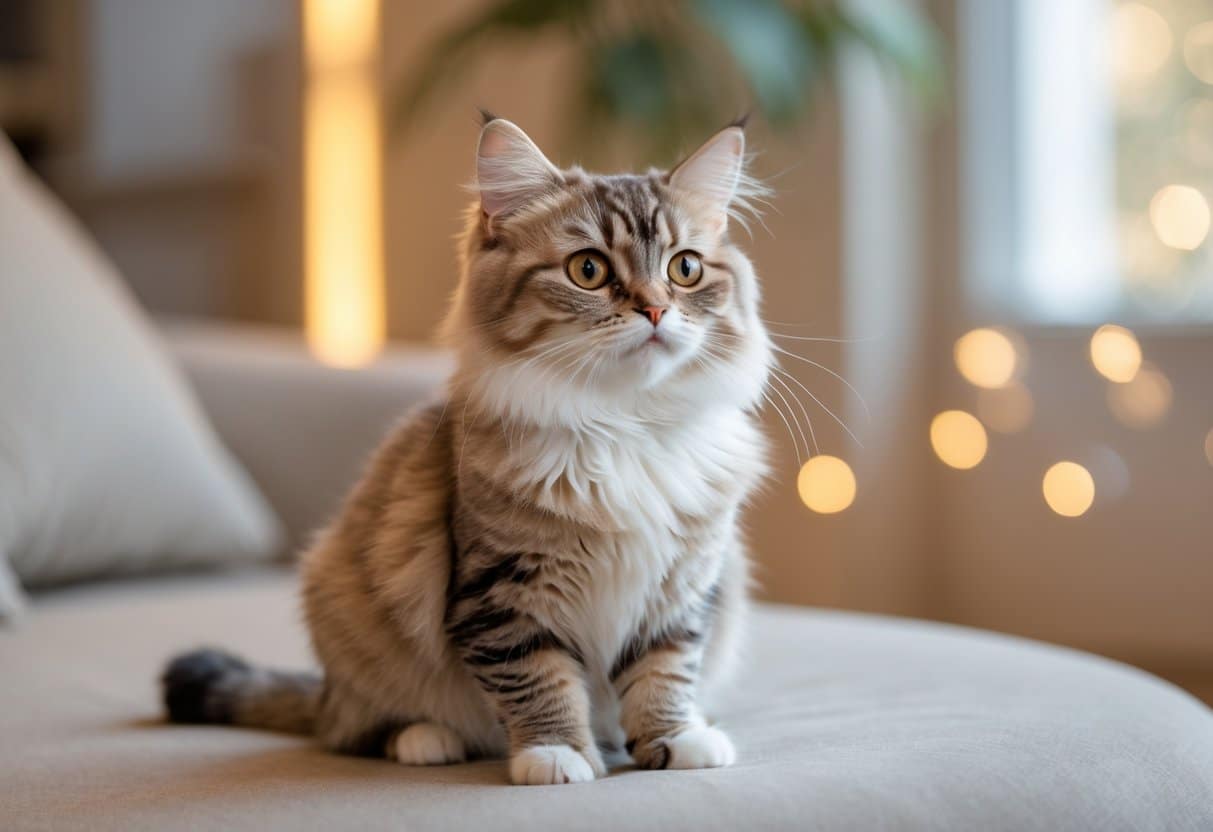 Gato munchkin sentado em uma superfície clara, com pelo marrom claro e branco, em ambiente interno iluminado naturalmente.