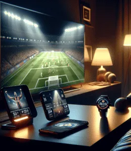 Três telas, sem confusão: TV principal + celular + relógio para curtir uma noite de esportes
