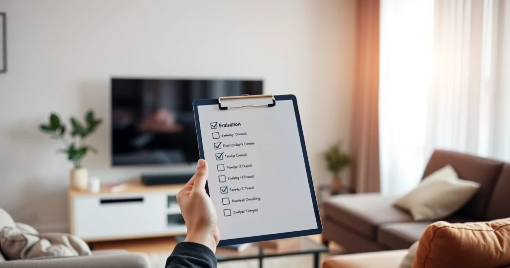 duas pessoas comparando opções em tablet na sala com televisão ligada